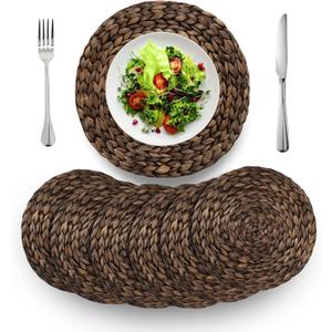 BARIEN Rustic Woven Placemats Round Set of 6, Natural Water Hyacinth Weave Placemat for Dining Table, Large Handmade Woven Placemats Heat Resistant Non-Slip (15" - Set 6)