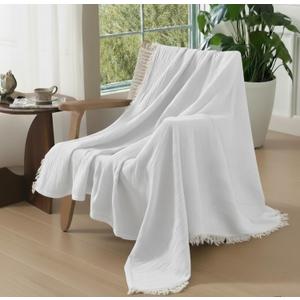 KyraHome 100% Cotton Muslin Blankets for Adults, Couch, 50"x60", Pre-Washed Plant Dyed, Breathable Lightweight Gauze Bed Blanket, All Season (White) (Throw)