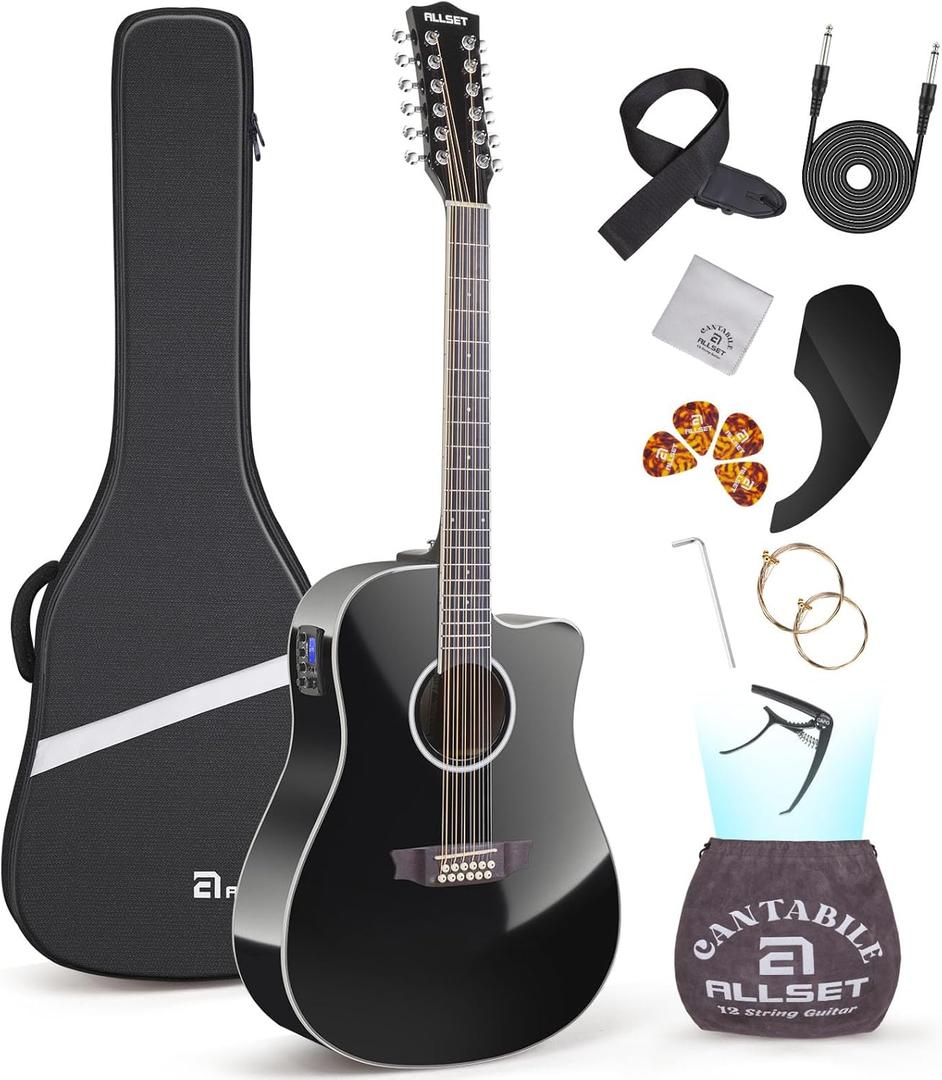 ALLSET 12 String Guitar - Acoustic Electric 12 String 42" Full Size Guitar for Beginner/Adult Fingerstyle, Spruce Top Cutaway with Gig Bag, Picks, Strings, Strap - Guitarra de 12 Cuerdas Black