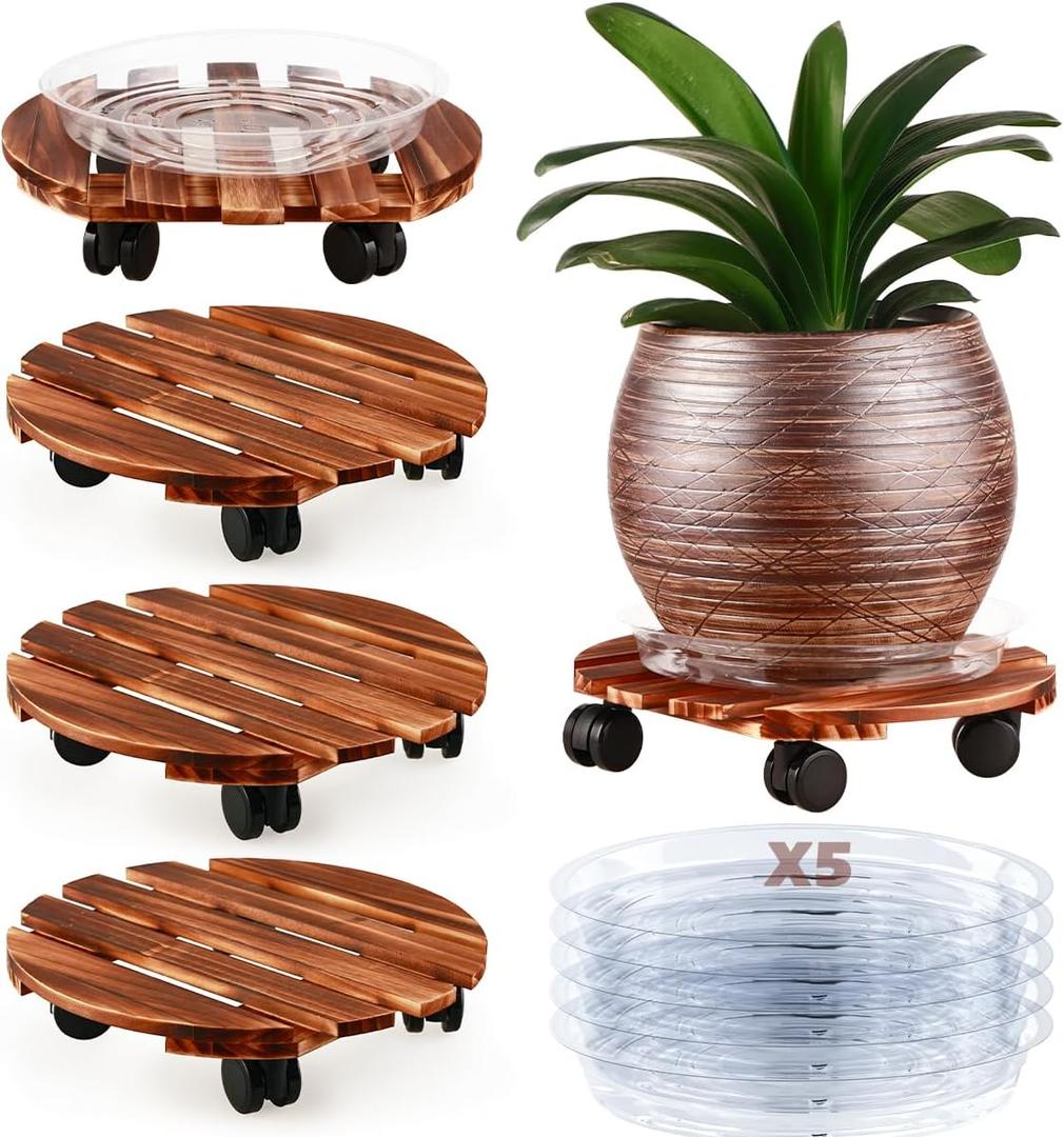 5 Pack Plant Caddy with Wheels Heavy Duty 13.5 Inch Wooden Plant Stand on Wheels Plant Dolly Rolling Plant Stand Plant Roller with Casters for Indoor and Outdoor with 5 Pack Plant Saucers, Round