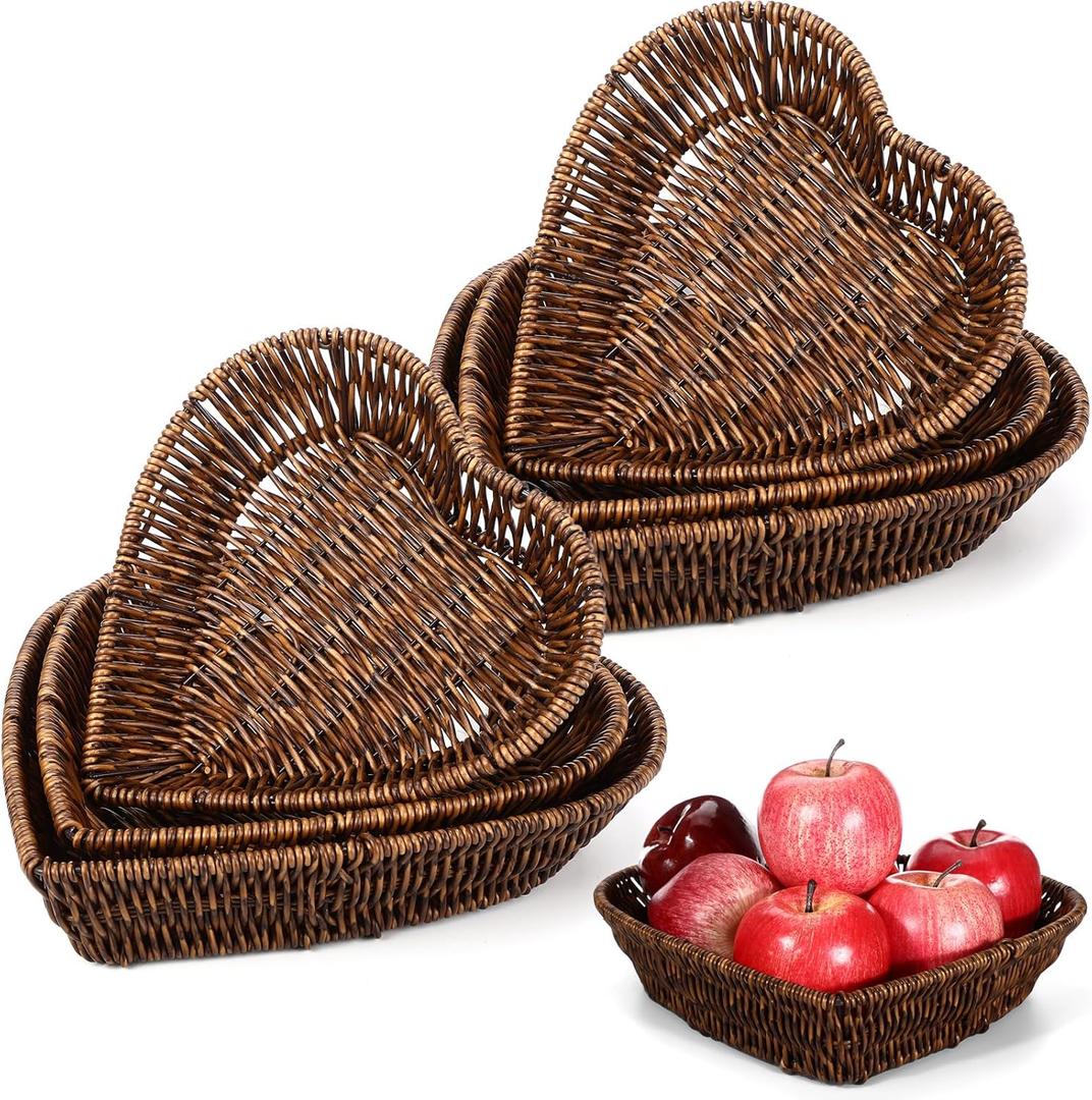 6 Pcs Heart Shaped Woven Basket Wicker Bread Basket 3 Size Handmade Rattan Storage Serving Tray for Snack Candy Fruit Vegetable Cosmetic Bakery Desktop Kitchen Office Mother's Day