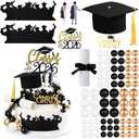 Geelin 68 Pcs Graduation Cake Toppers Class of 2026 Congrats Grad Cake Decorations Graduation Cap Diploma Tassel Hat Topper Balls Acrylic Grad Cupcake Decor Party Supplies(Black and Gold)