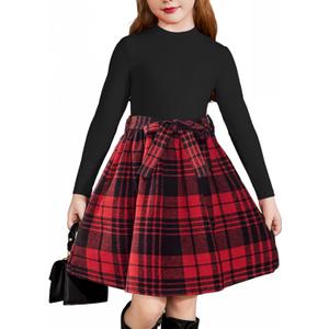 Arshiner Girls Dresses Long Sleeve Rib Knit Plaid Patchwork Belted Dress with Pockets (4, Black / Red Plaid)