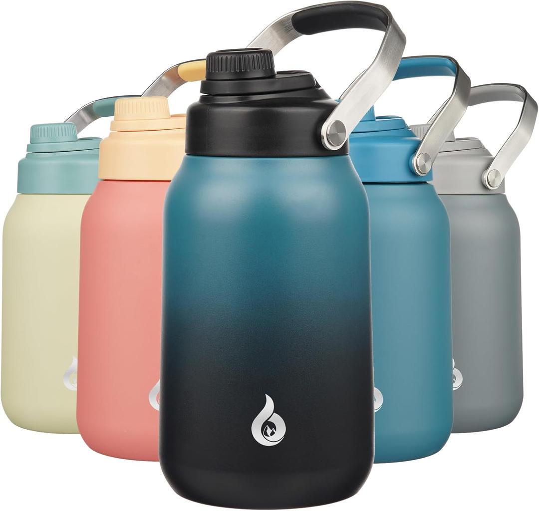 BJPKPK Half Gallon Insulated Water Bottles, 64oz Water Jug with Metal Handle & BPA Free Spout Lid, Dishwasher Safe Flasks, Large Stainless Steel Gym Sport Jugs, Blue Black