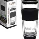  Double Wall Glass Tumbler - 14-Ounce, All Glass Reusable Insulated Tea/Coffee Mug & Lid, Hand Blown Glass Travel Mug - Black