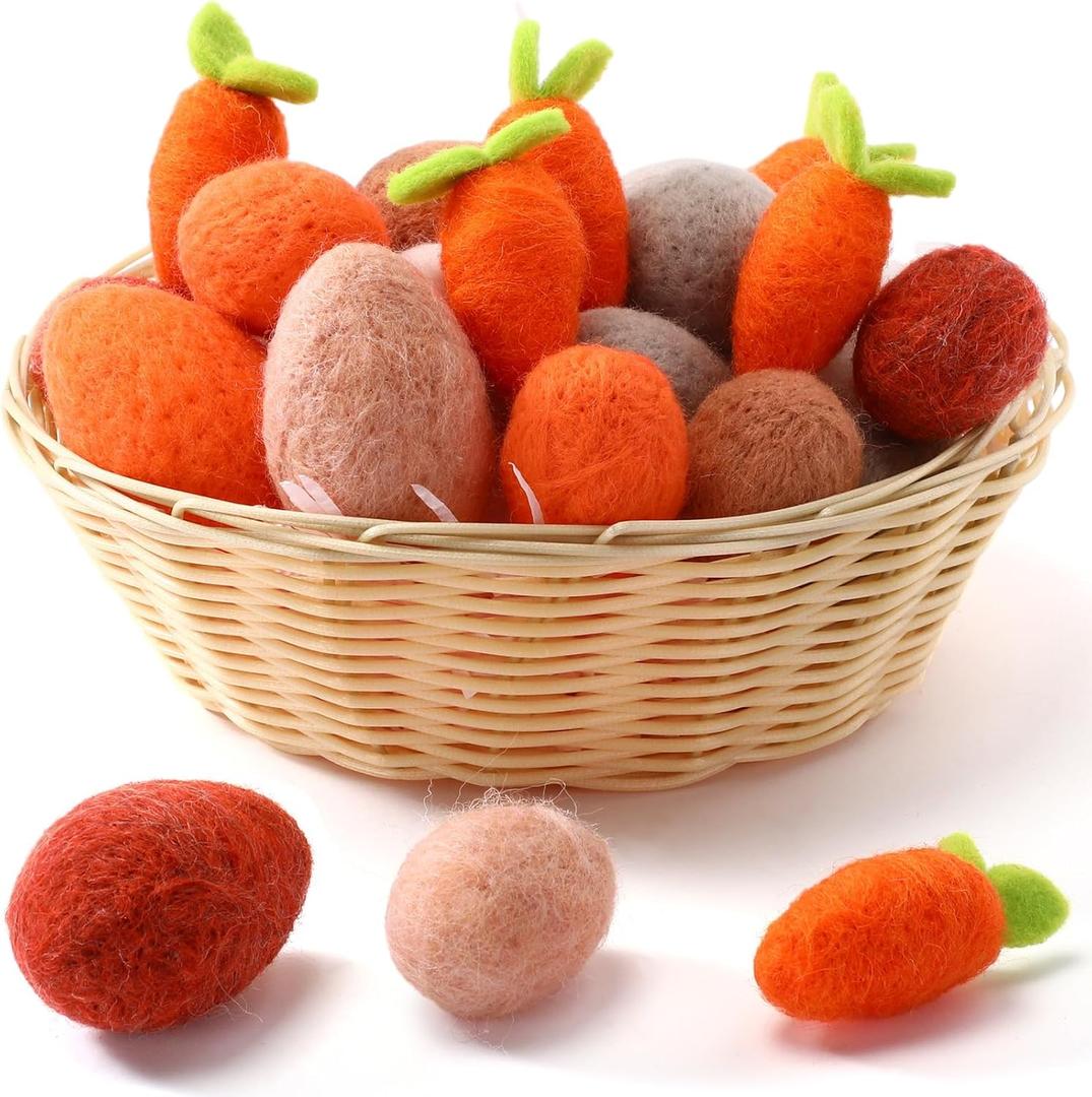 Threan 24 Pcs Felt Easter Eggs Decor Pastel Decorative Felted Eggs Carrots Hanging Ornaments Colorful Spring Basket Fillers Tree Decor for Home Wall Party Crafts(Farm Fresh Color)