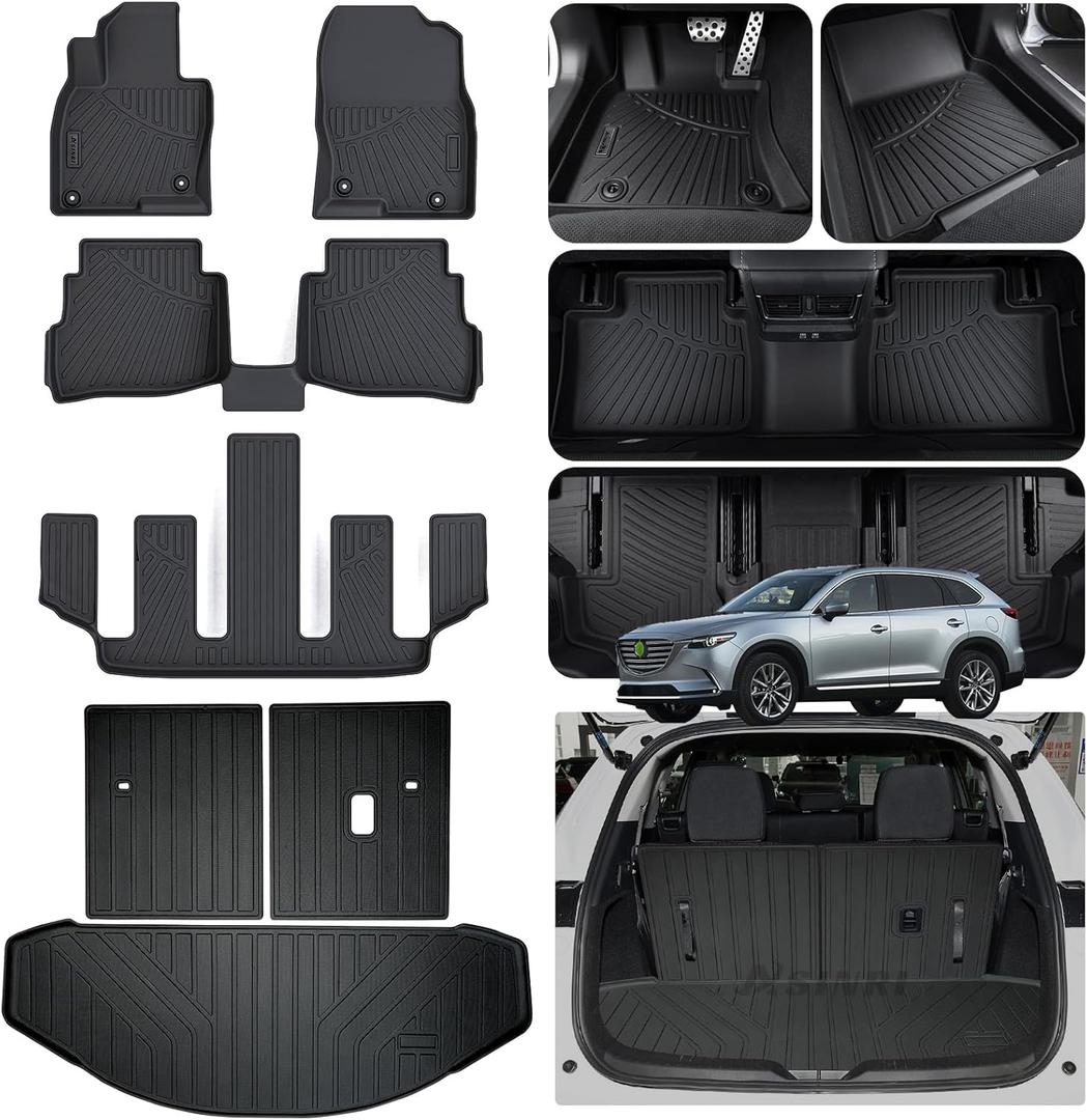 Floor Mats & Trunk Mat for 2016-2022 2023 Mazda CX9 CX-9 6 Seats (Only Fit Sport Version) TPE All Weather Protection Car Floor Liners & Cargo Liners & Backrest Mat