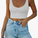 REORIA Butsmooth® Women's Basic Sexy Deep Scoop Neck Double Lined Seamless Sleeveless Cropped Cami Tank Yoga Crop Tops. Size L
