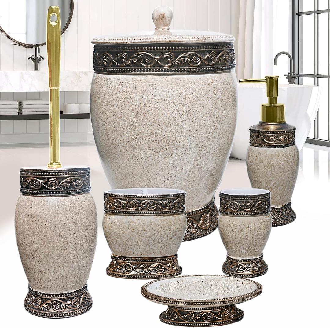 6 Pieces Bathroom Accessories Set Including Trash Can, Cup, Toothbrush Holders, Soap Dishes, Soap Dispenser and Toilet Brush, Home Decoration, Retro Style