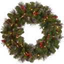 National Tree Company 24 in Pre-Lit Crestwood Spruce Artificial Christmas Wreath, Christmas Decoration with Glitter, Pinecones, Red Berries, 50 Clear Lights, 160 Tips, Green