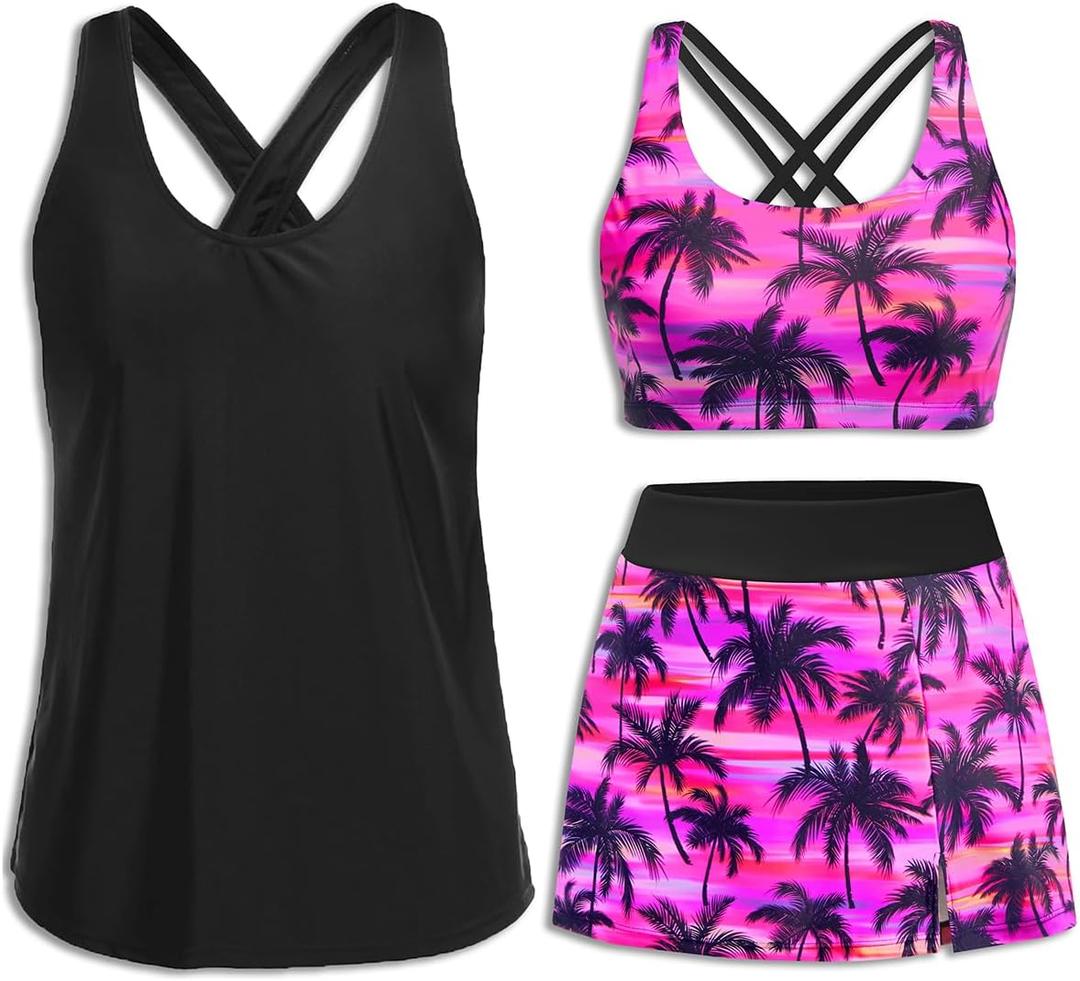 Daci Womens Pink Palm 3 Piece Tankini Swimsuits with Skirt - Tummy Control Bathing Suit Swim Tank Top and Sport Bra 2026 Athletic Swimwear XXL