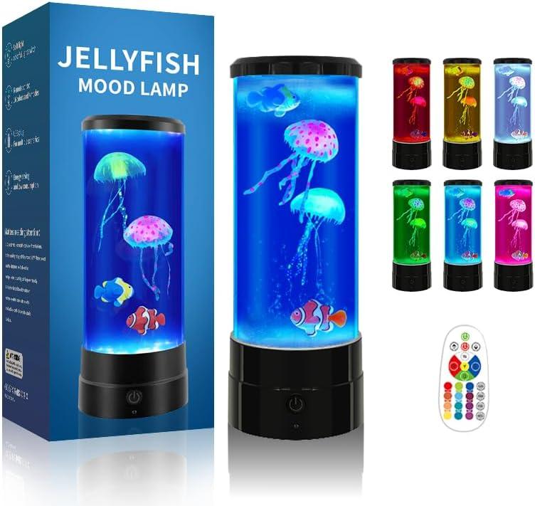 Jellyfish Lamp 12"-Black Minimalist Cylinder Table Lamp with 2 Large Jellyfish & 2 Fish,16 Color Changing LED,USB Powered,Remote Control,Jellyfish Light Lamp for Kids Christmas Gift