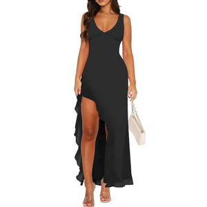 Women Sexy V Neck Sleeveless Mesh Ruffle Hem Bodycon Maxi Casual Backless High Slit Cocktail Party Dress, M Size