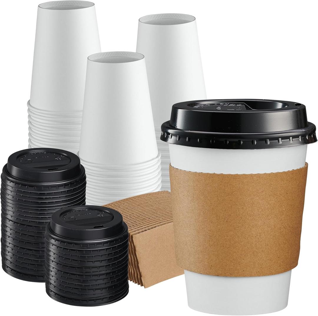 GUSTO [12 oz. - 100 Sets Disposable Coffee Cups with Lids and sleeves - To Go Paper Hot Cups for Travel and Office Use - Formerly Comfy Package
