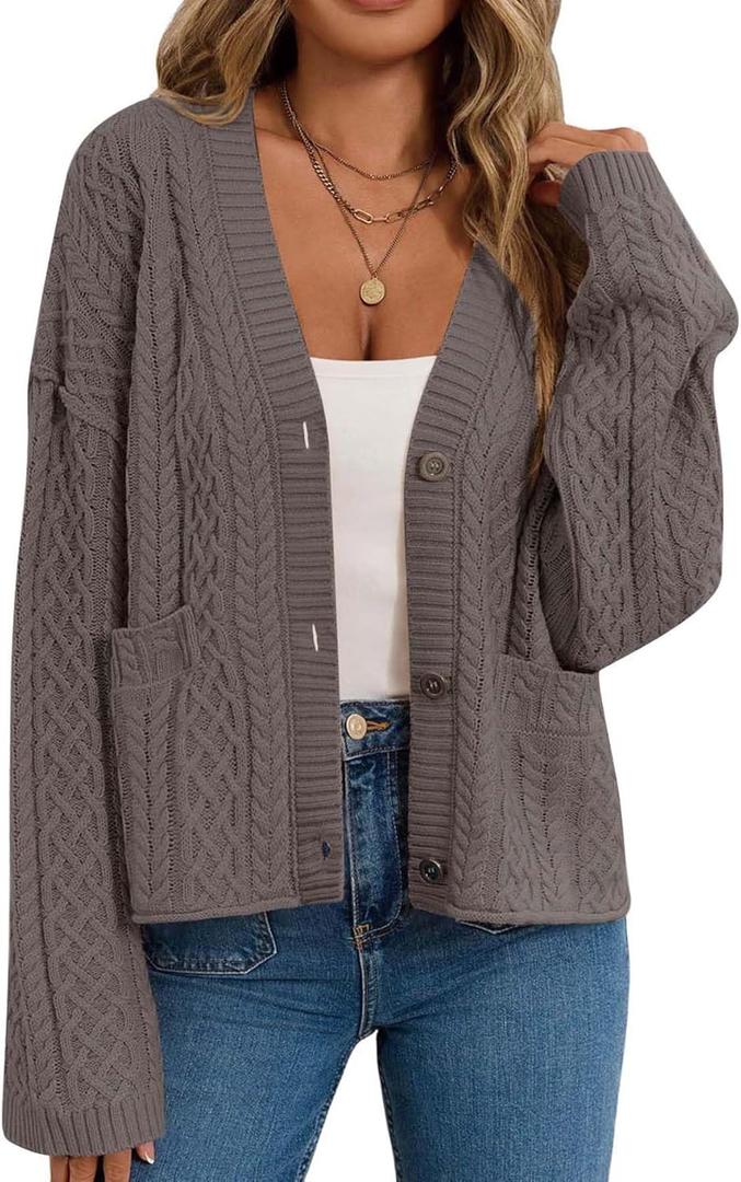 GREAIDEA Women's Fall Chunky Knit Open Front Sweaters Long Sleeve Button Cardigan 2025 Loose Short Outerwear Coats (Medium, Dark Grey)