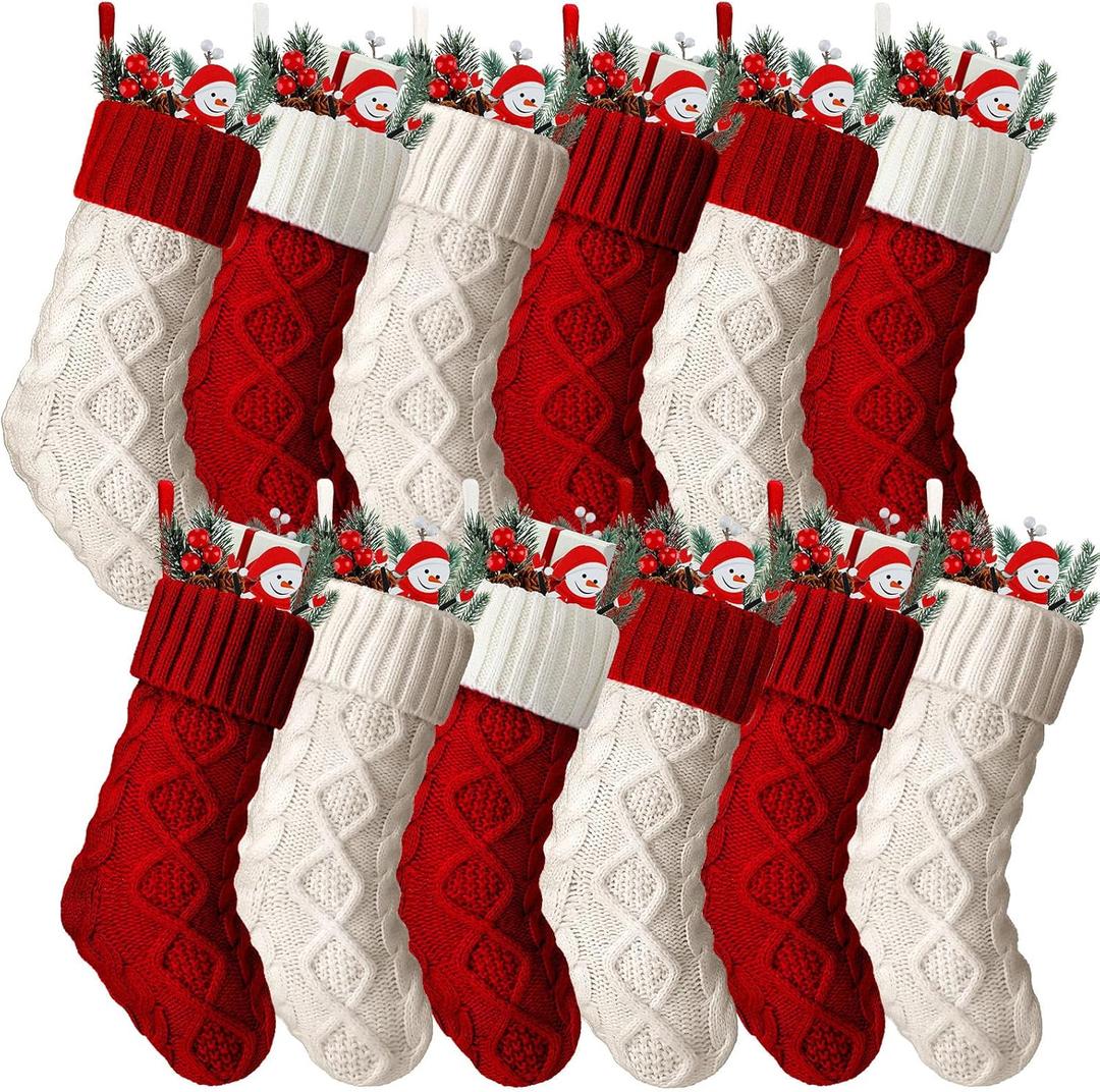 Hungdao 12 Pcs Christmas Stockings Mini Knitted Xmas Stockings Bulk 8.3 Inch Rustic Socks Double Sided Fireplace Hanging Vintage Stockings for Family Christmas Decorations (Red, White)