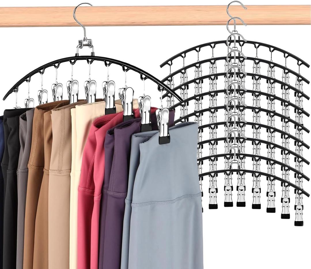 Hendiy Legging Organizer for Closet, Rotatable Pants Hangers 10 Pack w/10 Clips Holds 100 Leggings, Leggings/Shorts/Jeans/Skirts/Pants Hangers w/Rubber Coated, Space Saving Hanging Closet Organizer (Black)