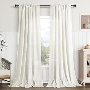 Guken Linen Curtains 84 Inches Long 2 Panel Set Rod Pocket Semi Sheer Dining Room Cozy Bedroom Decor Cotton Look Country Rustic Farmhouse Boho Curtains Beige White, 52x84