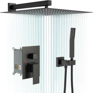 Shower System - 16 Inch Shower Faucet Set Black Shower Head And Handle Set Rainfall Wall Mounted Shower Fixtures Shower Valve And Trim Kit, Black #TLSH-814