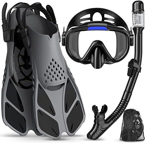 Ubekezele Snorkeling Gear for Adults Men Women, 4 in 1 Snorkel Set with Panoramic View Diving Mask Anti-Fog Anti-Leak, Dry Top Snorkel, Fins and Travel Bag for Swimming, Snorkeling and Travel Diving ML/XL 9-13