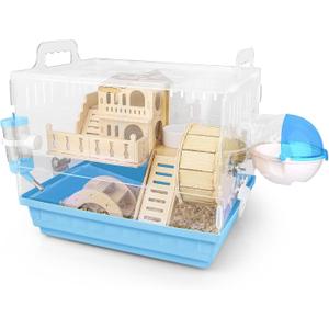 Cycodo 8 in 1 Acrylic Hamster Cage,2-Tier Dwarf Hamster Cage with Wooden Wheel & Hideout,Small Hamster Habitat with Accessories,Clear Pet Mice House(Blue,14" L*10" W*11" H)