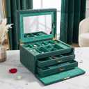 Genuine Leather Jewelry Box 3 Layer Large Jewelry Organizer with Mirror, Lockable Jewelry Box for Women Necklace, Ring, Earring Organizer with Drawer - Mothers Day Gifts for Mom(Green)