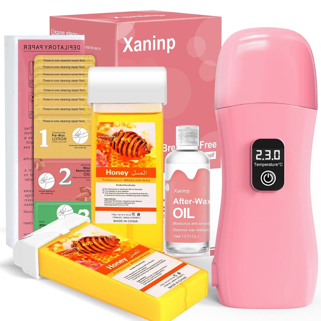 Roll on Wax Kit for Hair Removal - Wax Roller with Digital LED Display, Waxing Kit for Hair Removal for Women, Safe No-Burn At-Home Waxs Warmer, 2 Soft Honey Cartridges & 50 Strips
