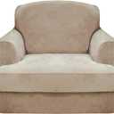CUCRAF T Cushion Sofa Cover 2 Piece Armchair Slipcovers, Soft Thick Velvet Couch Cover for Living Room, Washable High Stretch Furniture Protector with 1 Cushion Chair Slipcover (Chair, Khaki)