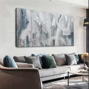 Abstract Wall Art For Living Room Canvas Art Wall Decor Blue Eclectic Decor Modern Canvas Wall Prints Abstract Wall Decor Suitable For Bedroom Apartment Office Dining Room Can Be Hung 24" X 48" (Silver)