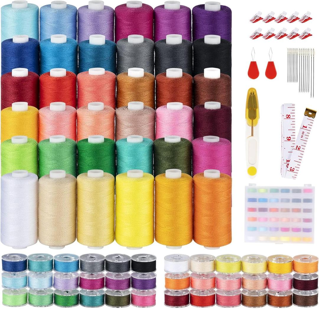 ilauke 72 Pcs Sewing Thread 700 Yards, 36 Colors Prewound Bobbins Thread for Sewing, Polyester Sewing Machine Threads for Brother Singer Janome with Sewing Supplies (72 pieces (including accessories))