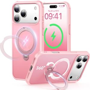 Peerock 360 Spin Magnetic Stand (Pro-Version) for iPhone 17 Pro Case (Compatible with MagSafe) [Military Drop Protection] Matte Translucent Shockproof Protective Phone Case 6.3'', Pink
