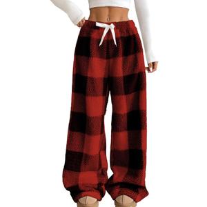 Wyeysyt Women Fuzzy Pajama Pants Plush Elastic Waist Wide Leg Leopard Pants Pj Bottoms Lounge Fluffy Pants (Medium, Red Plaid)