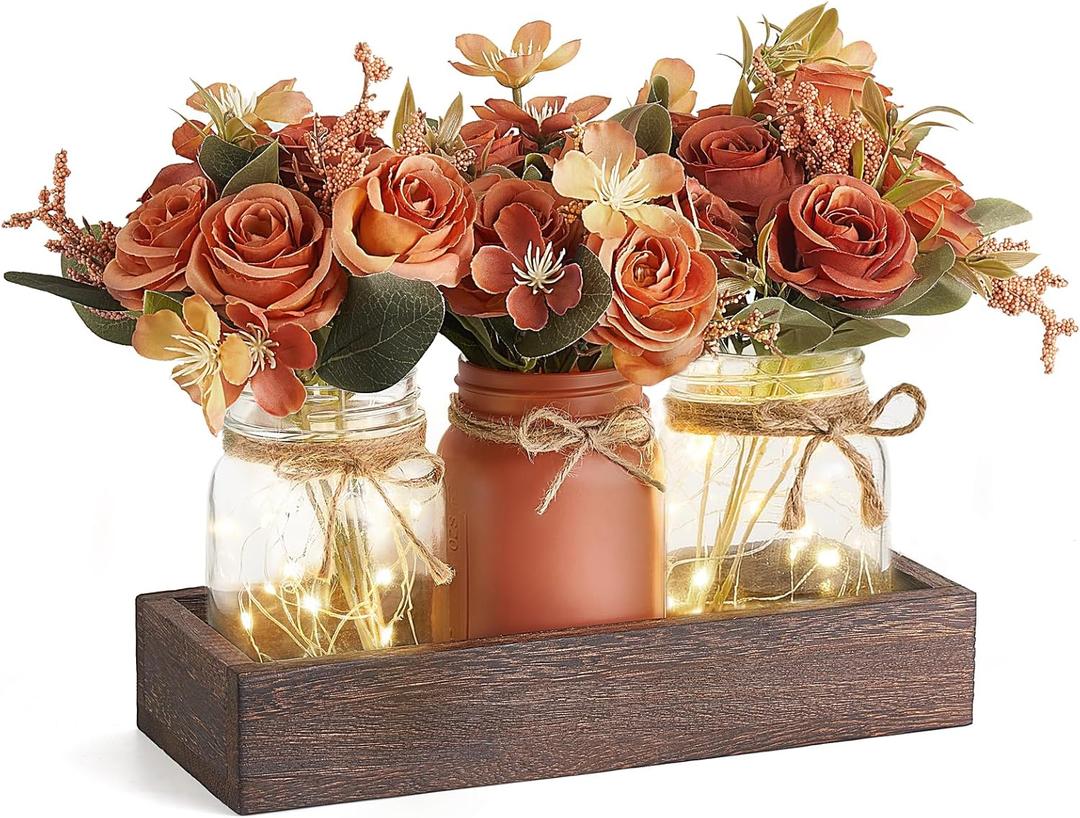 Mkono Mason Jar Lights Centerpiece Table Decorations for Dining Room Farmhouse Coffee Table Decor Tray with 3 Jars Flowers Centerpieces Valentines Day Decor for Kitchen Living Dining Room, Orange