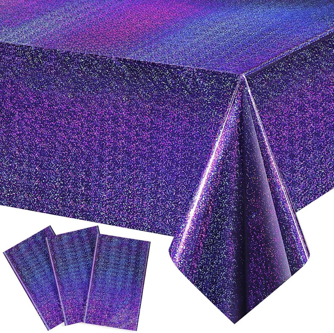 Irenare 3 Pack Iridescence Plastic Tablecloths Laser Table Covers Holographic Foil for Girl Party Wedding Disco Dance Birthday Holiday Mermaid Party Decorations 54 x 108 Inch (Purple)
