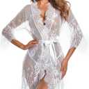 Lace Robe for Women Lingerie Eyelash Babydoll Sheer Mesh Nightgown (Large, White)