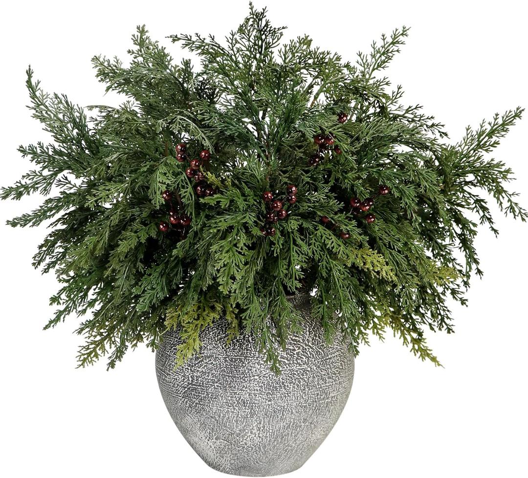 SPWOLFRT 5Pcs 21.6" Faux Cedar Stems, Artificial Christmas Greenery Picks Realistic Fake Pine Branches for Vase, Wreath, Garland, DIY Crafts, Feative Holiday Indoor/Outdoor Home Decor (5, Red Berry)