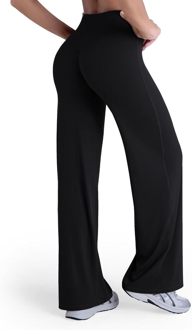 Sunzel Women's Butt Lifting Wide Leg Yoga Pants High Waist Tummy Control No Front Seam Straight Leg Workout Gym Bottoms (Black, L)