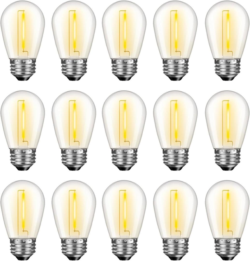 LED S14 Replacement Light Bulbs for Outdoor String Lights, 1W Shatterproof Edison Light Bulbs for Outside Patio Garden, E26 Standard Base, Dimmable, 2200K Warm White, 15 Pack