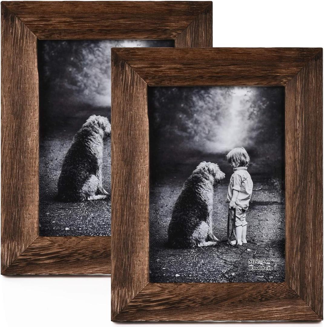 Yaetm 5x7 Picture Frame Distressed Wood, Rustic Solid Wood Photo Frame 5 x 7, Display for Tabletop and Wall, High Definition Glass, Carbonized Black (2 Pack)