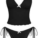 ZAFUL Tankini Swimsuits for Women Lace Jacquard Bowknot Decor Tummy Control High Cut Tanga Tankini Set, Medium