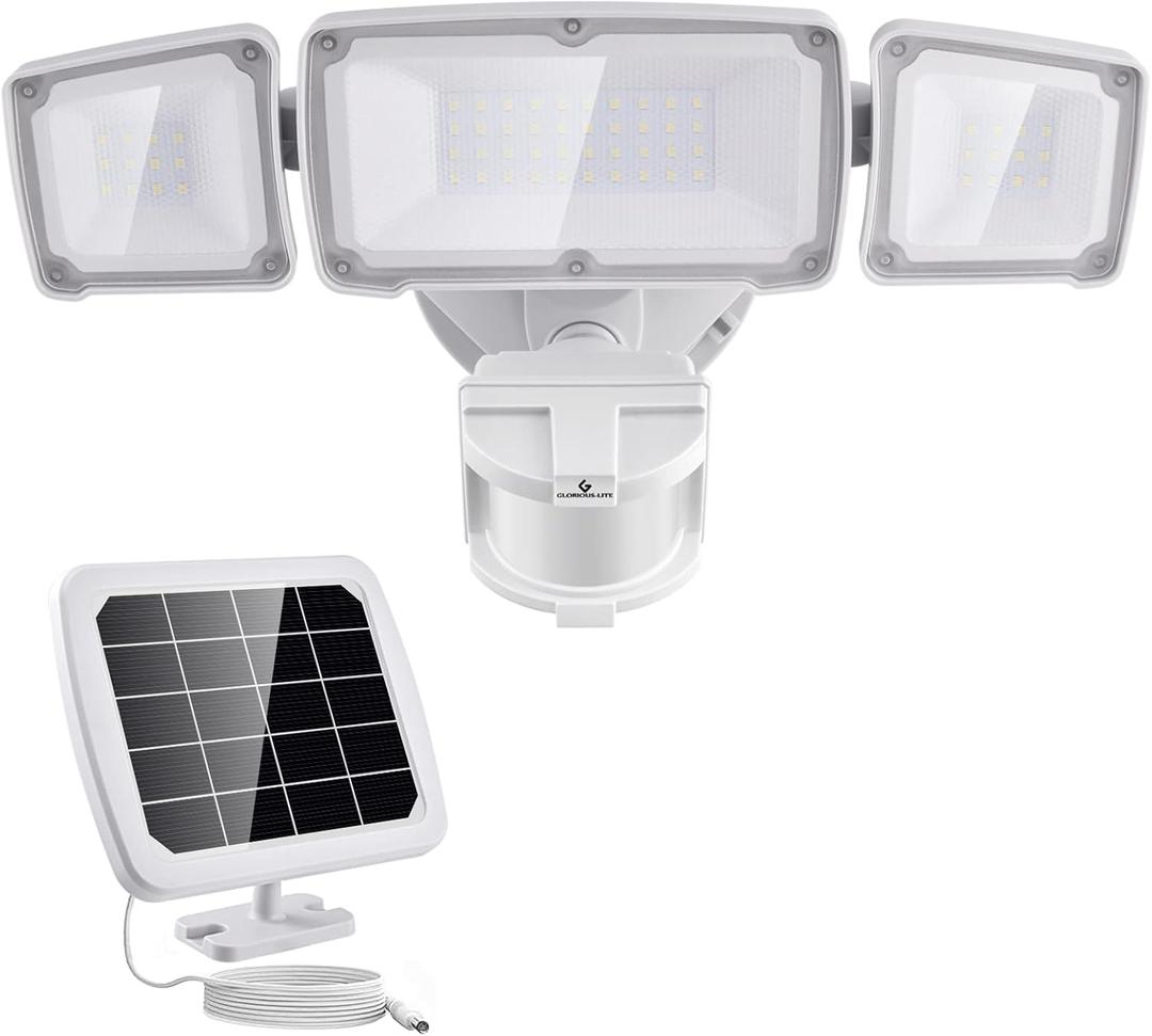 GLORIOUS-LITE Solar Security Lights 2400mAh LED Motion Sensor Light Outdoor, Rechargable 1600lm Solar Flood light, 5500-6000K, IP 65 Waterproof for Garage, Yard, Porch, Entryways - White GLORIOUS-LITE Solar Security Lights 2400mAh LED Motion Sensor Light Outdoor, Rechargable 1600lm Solar Flood light, 5500-6000K, IP 65 Waterproof for Garage, Yard, Porch, Entryways - White