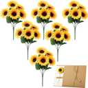 6 Pack Artificial Sunflower with Stem and Big Head Fake Silk Flowers Bulk + Greeting Cards, Faux Sunflower Bouquet for Birthday Gift, Mother's Day Decor