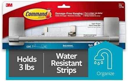 Command Hand Towel Bar Satin Nickel with 4 Water Resistant Command Strips, 9" Hand Towel Holder, Holds up to 3 lb, Great for Bathroom Décor on the Wall, Inside the Cabinet, or in the Shower