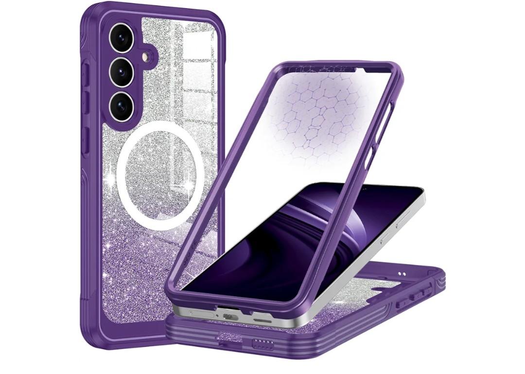 Hekodonk for Galaxy S25 FE Case Magnetic,[Compatible with Magsafe][Built-in Tempered Glass Screen Protector] [Glitter Card] Full Body Bling Case for Samsung Galaxy S25 FE,Amethyst Purple