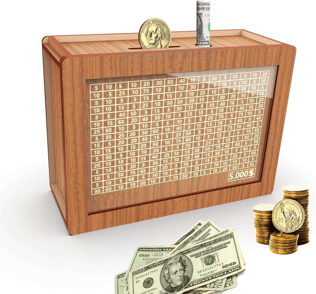 Piggy Bank for Adults Kids, Wooden Coin Bank for Boys and Girls, Cash Vault Money Saving Box with Counter $5000 Savings Challenge Money Box with Money Target and Numbers (Brown $5000)