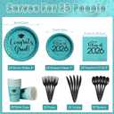 175pcs Class of 2026 Graduation Plates and Napkins Set, Disposable Paper Plate Set Polka Dots Plates Napkins Cups Knife Fork Spoon for Graduation Party Decorations and Supplies,Serve 25Teal Black