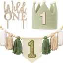 Wild One High Chair Banner For 1st Birthday Party Boy Decorations With Green Tassel Garland Crown Hat Wild One Cake Topper (White Beige Green)