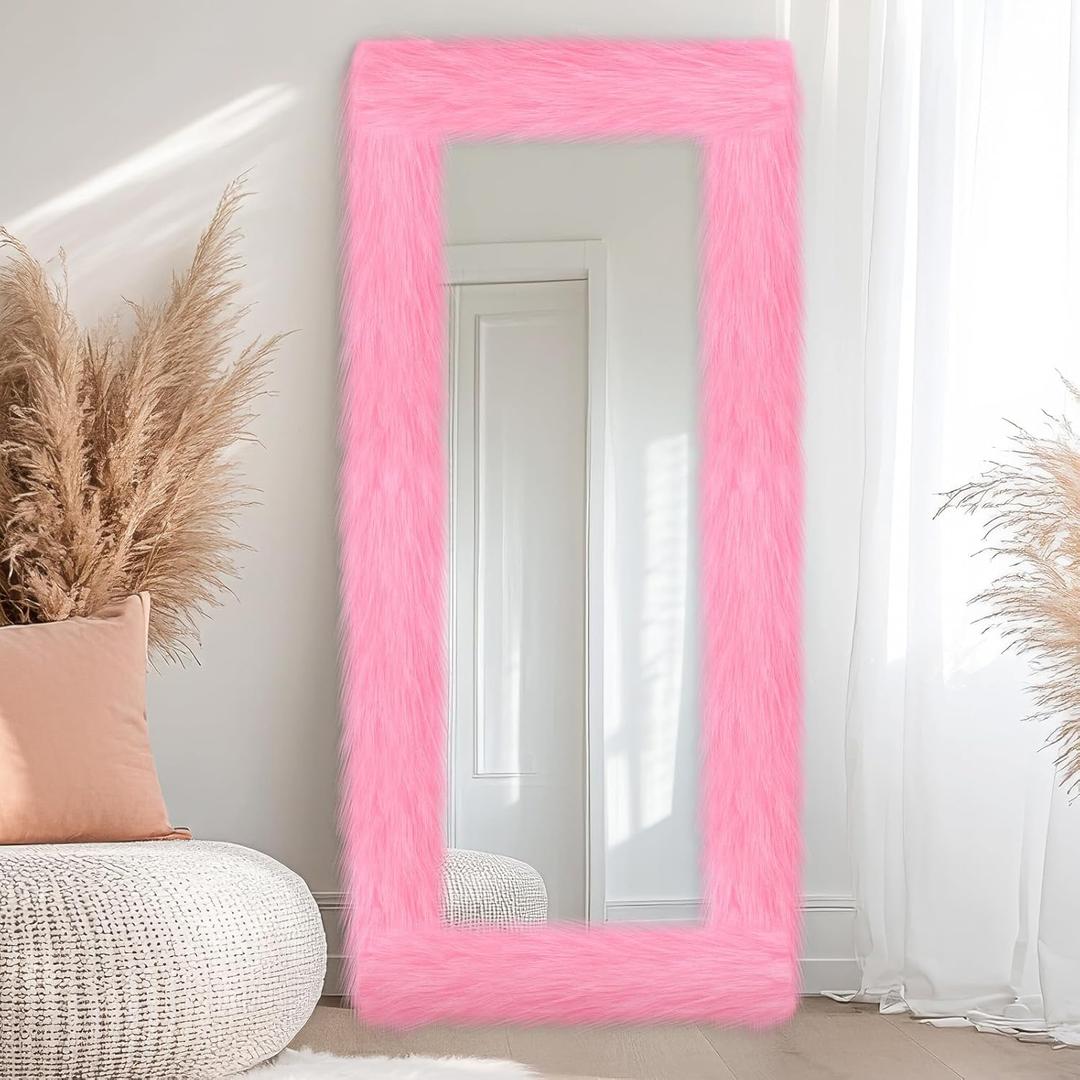 Pink Fluffy Full Length Mirror Frame Decor 64 x 21 Inch Universal Ultra Soft Non Slip Border Cover with Adhesive Tape for Mirror with Stand Bedroom Cloakroom Home Decoration Women Girls Gifts