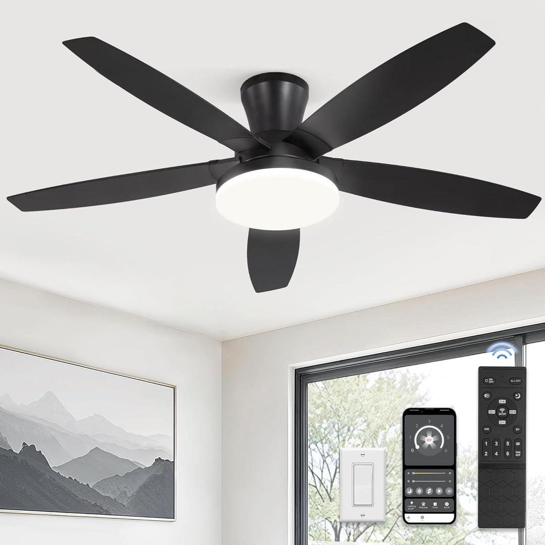 ZMISHIBO 48 inch Ceiling Fans with Lights and Remote/APP Control,Black Low Profile Ceiling Fan with Light,Quiet DC Motor,LED Dimmable, Modern Flush Mount Ceiling Fan for Bedroom Indoor/Outdoor Patio