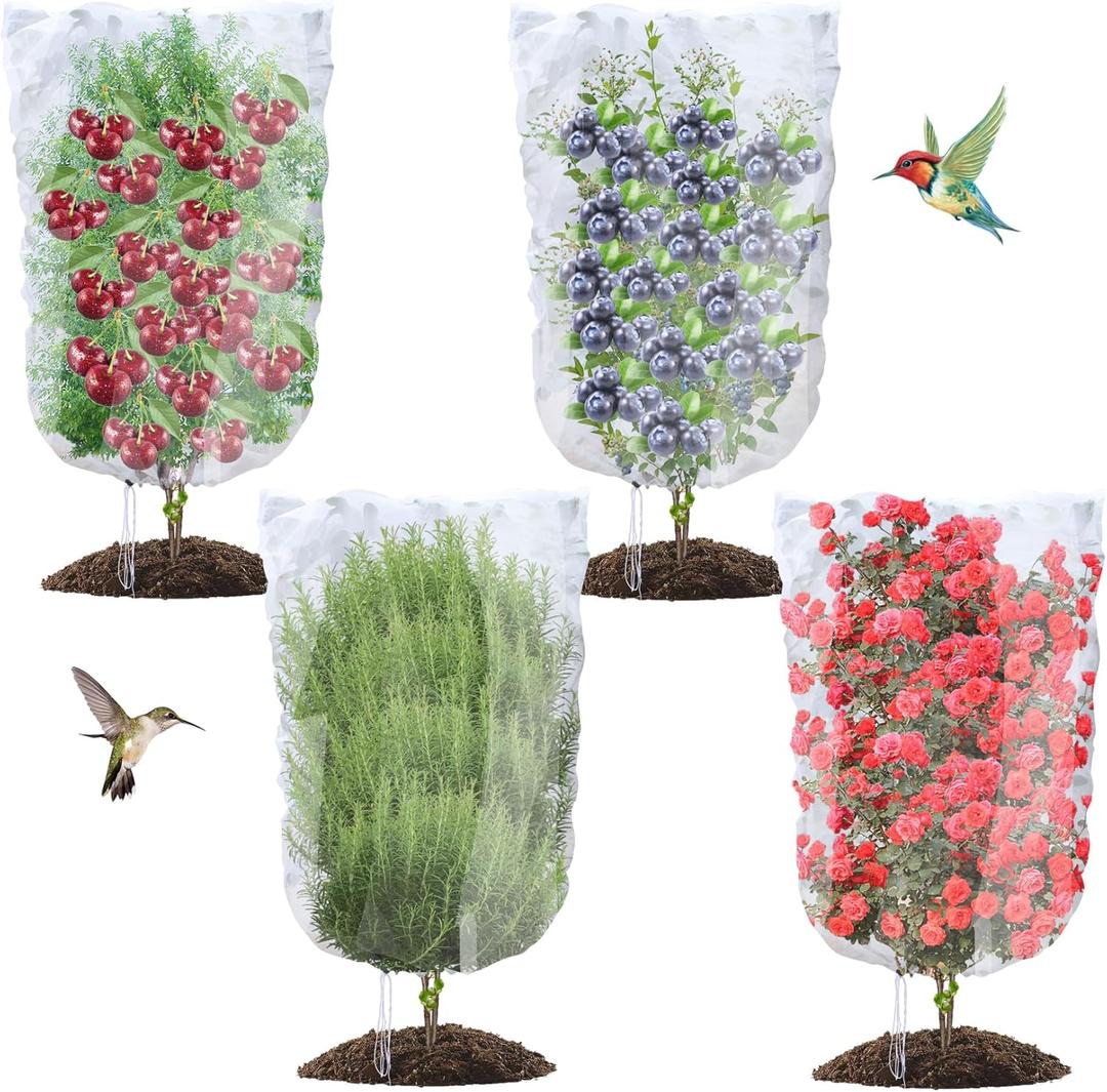 4PCS Bird Netting 6.6x8.2FT Tree Net Mesh Bag with Drawstring Garden Insect Netting Pest Barrier Blueberry Netting Plant Row Cover White Mosquito Net for Fruit/Flower/Vegetables